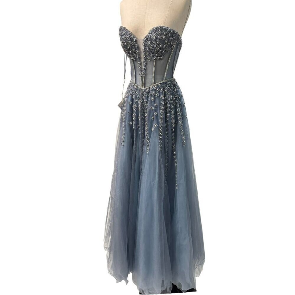 Andrea & Leo Womens Stargaze Ribbon Tulle Rhinestone Gown Midnight Blue Size 2 - Picture 5 of 8